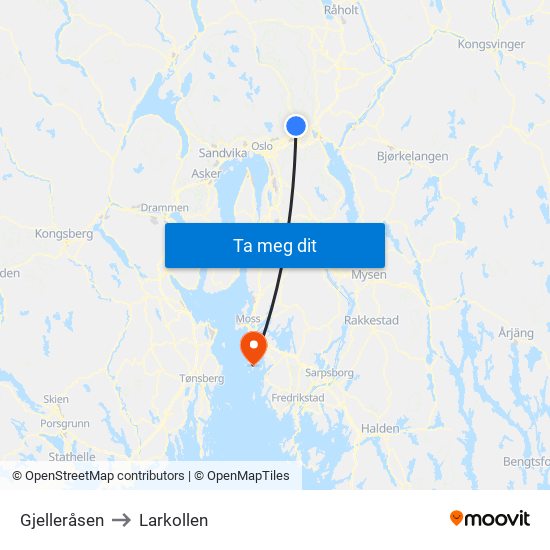 Gjelleråsen to Larkollen map