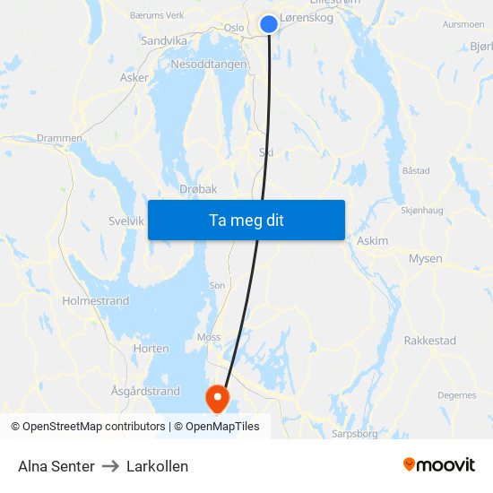Alna Senter to Larkollen map