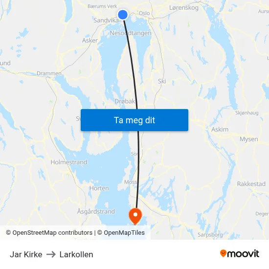 Jar Kirke to Larkollen map