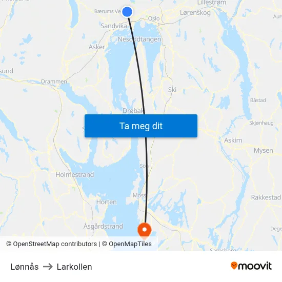 Lønnås to Larkollen map