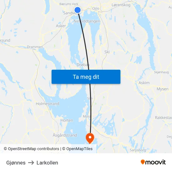Gjønnes to Larkollen map
