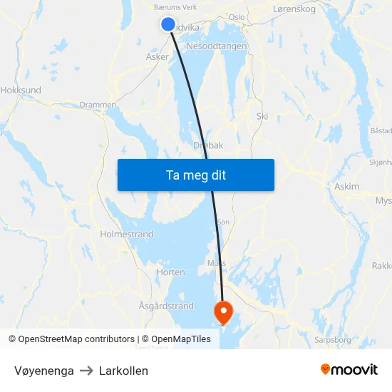 Vøyenenga to Larkollen map
