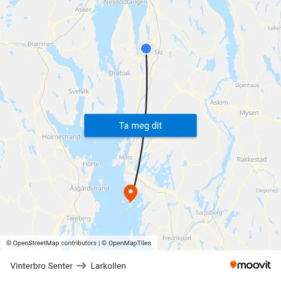 Vinterbro Senter to Larkollen map
