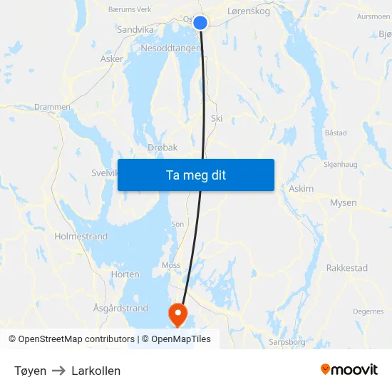 Tøyen to Larkollen map
