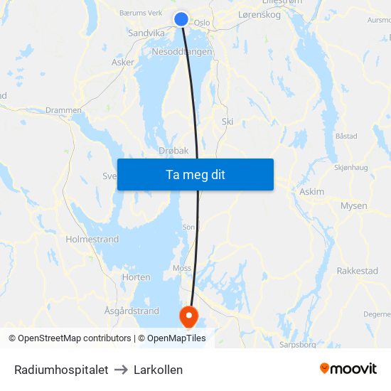 Radiumhospitalet to Larkollen map