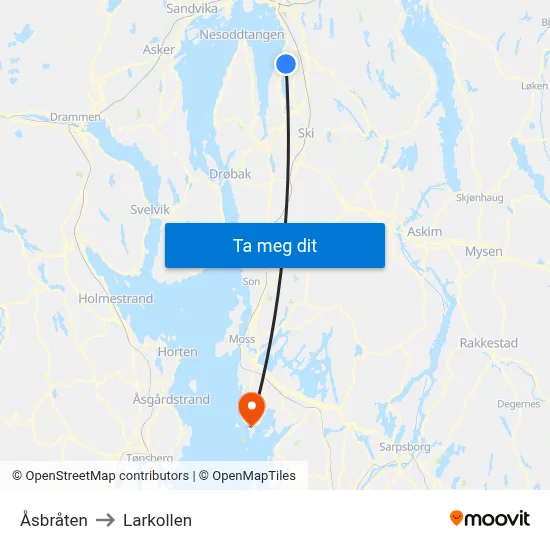 Åsbråten to Larkollen map