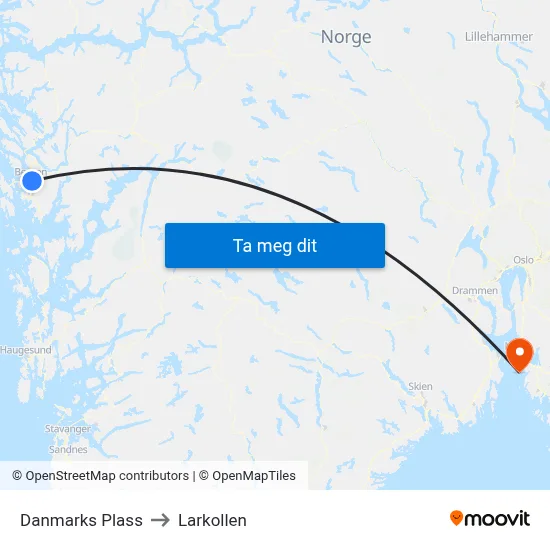 Danmarks Plass to Larkollen map