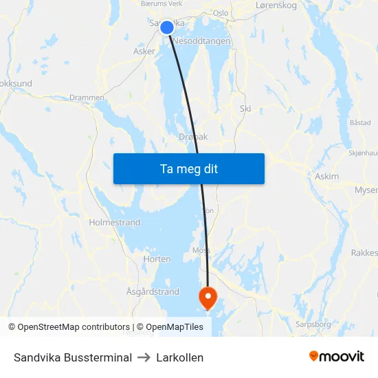 Sandvika Bussterminal to Larkollen map