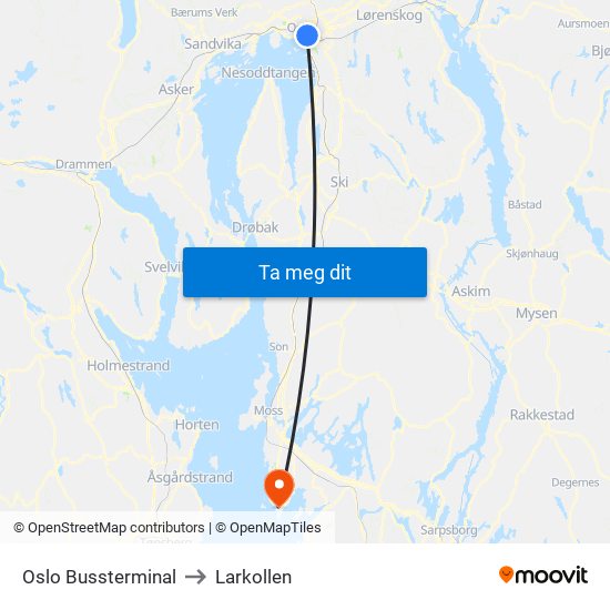 Oslo Bussterminal to Larkollen map
