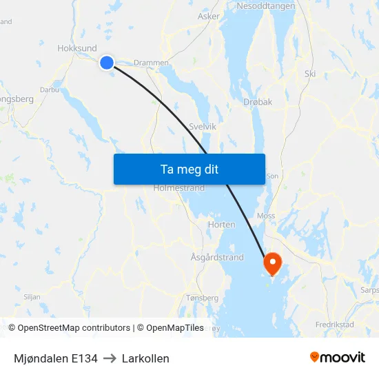 Mjøndalen E134 to Larkollen map
