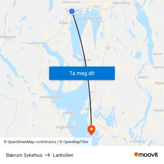 Bærum Sykehus to Larkollen map