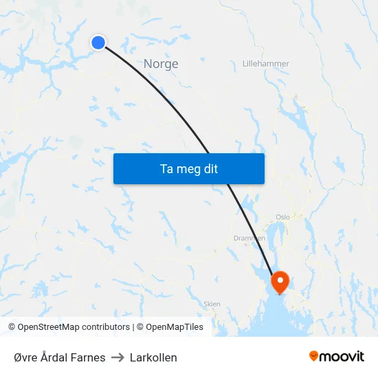 Øvre Årdal Farnes to Larkollen map