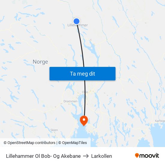 Lillehammer Ol Bob- Og Akebane to Larkollen map