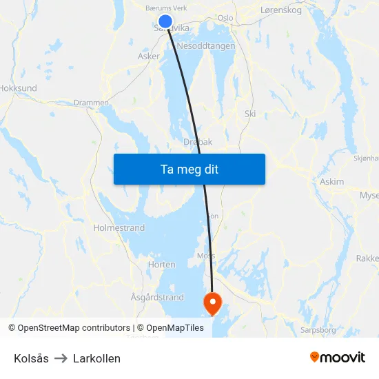 Kolsås to Larkollen map