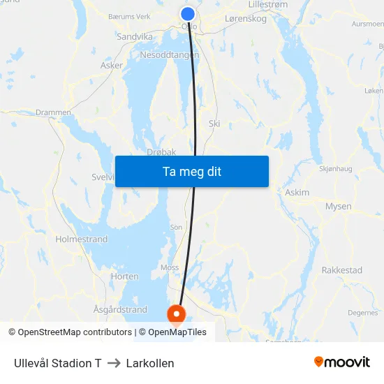 Ullevål Stadion T to Larkollen map