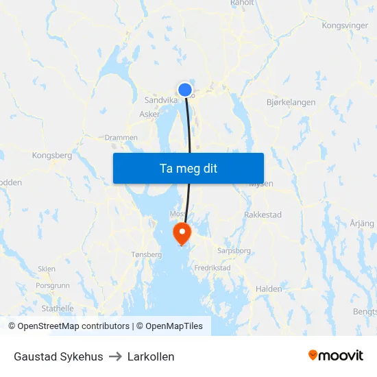 Gaustad Sykehus to Larkollen map