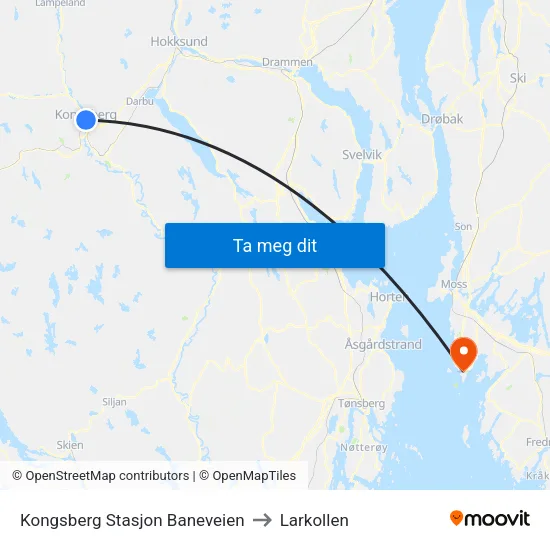 Kongsberg Stasjon Baneveien to Larkollen map