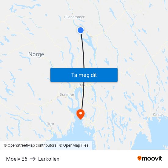Moelv E6 to Larkollen map