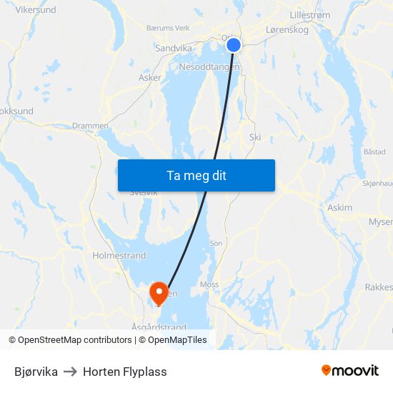 Bjørvika to Horten Flyplass map
