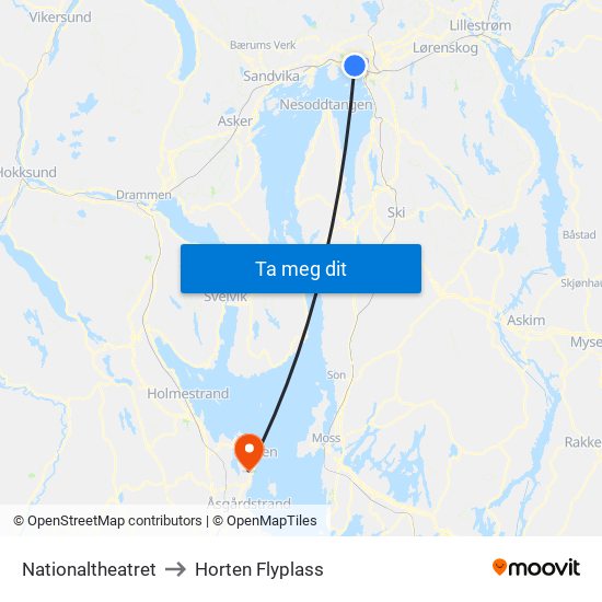 Nationaltheatret to Horten Flyplass map