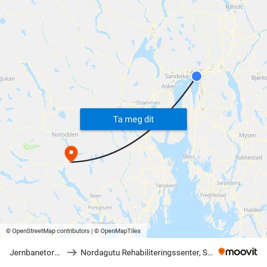 Jernbanetorget to Nordagutu Rehabiliteringssenter, STHF map