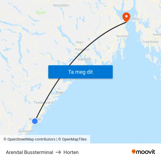 Arendal Bussterminal to Horten map