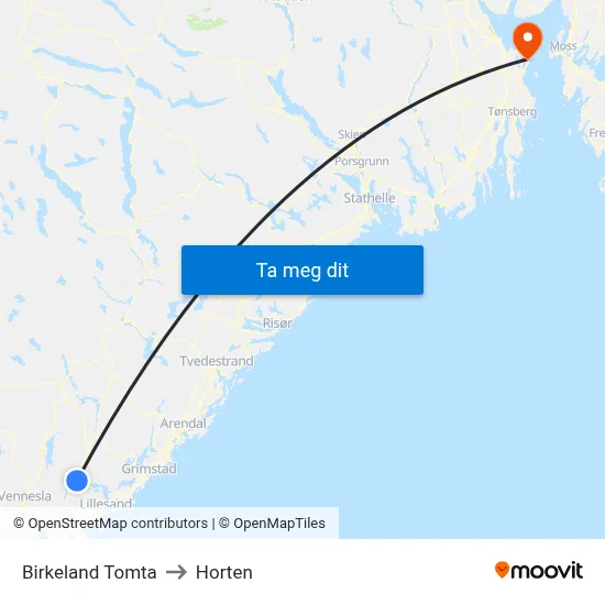 Birkeland Tomta to Horten map