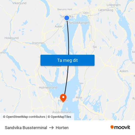 Sandvika Bussterminal to Horten map