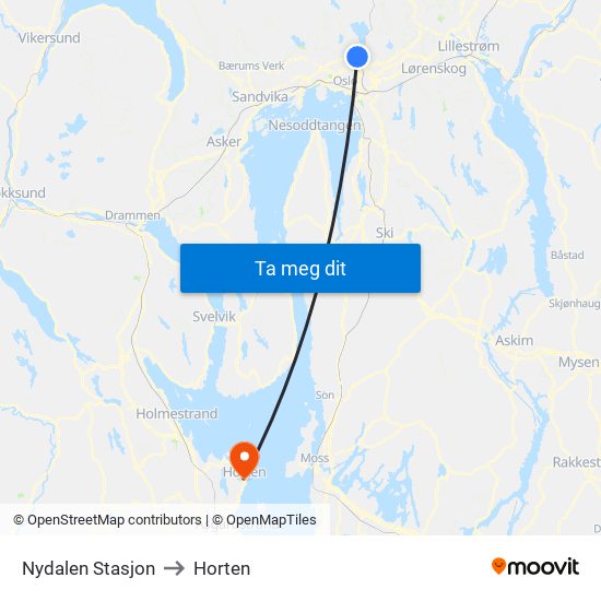 Nydalen Stasjon to Horten map