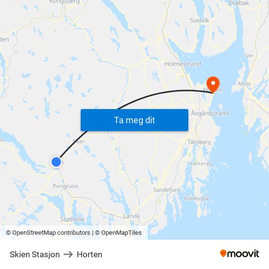 Skien Stasjon to Horten map