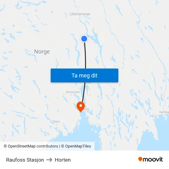 Raufoss Stasjon to Horten map