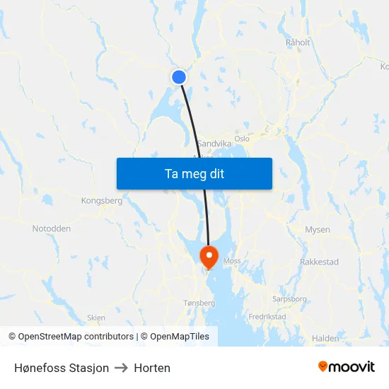 Hønefoss Stasjon to Horten map