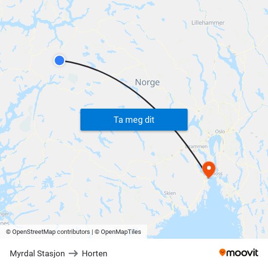 Myrdal Stasjon to Horten map