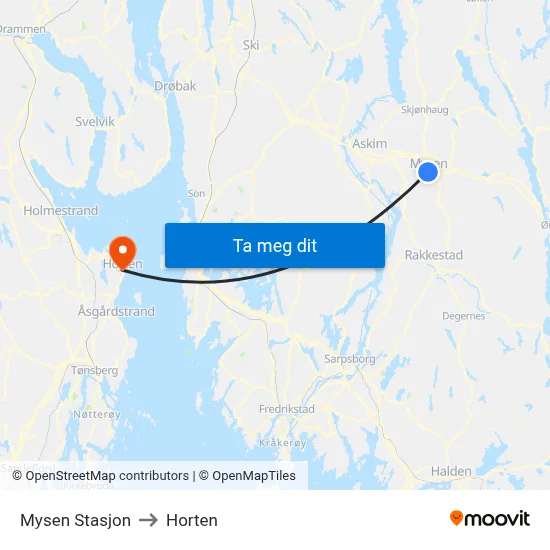 Mysen Stasjon to Horten map