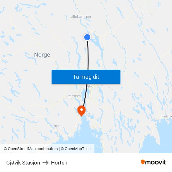 Gjøvik Stasjon to Horten map