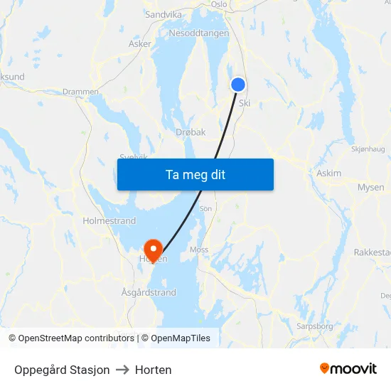 Oppegård Stasjon to Horten map
