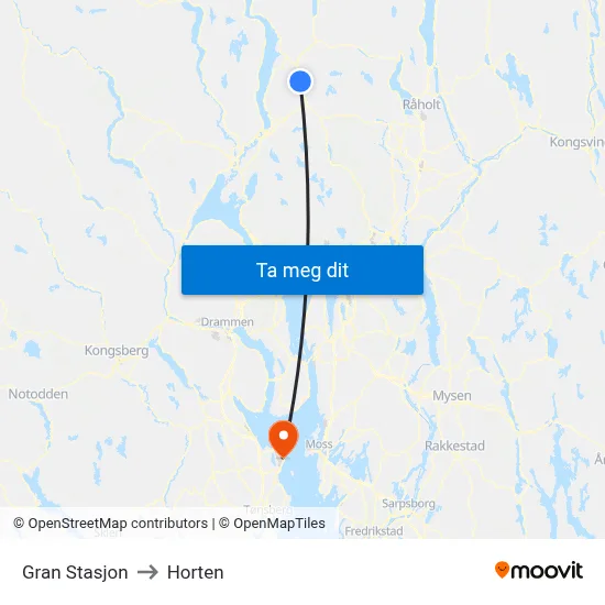 Gran Stasjon to Horten map