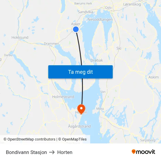 Bondivann Stasjon to Horten map