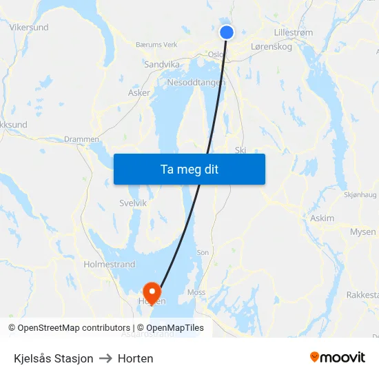 Kjelsås Stasjon to Horten map