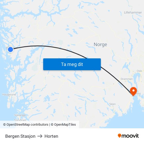 Bergen Stasjon to Horten map