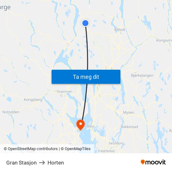 Gran Stasjon to Horten map