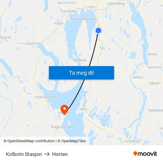 Kolbotn Stasjon to Horten map