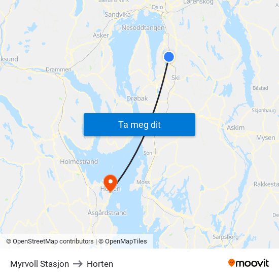 Myrvoll Stasjon to Horten map