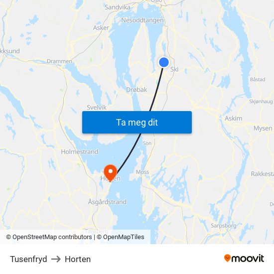 Tusenfryd to Horten map