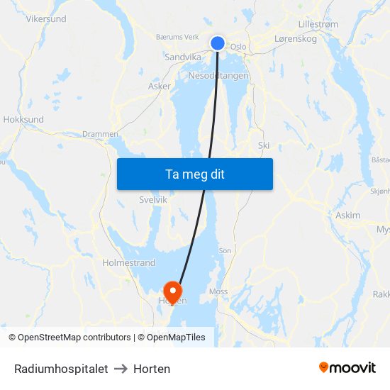 Radiumhospitalet to Horten map