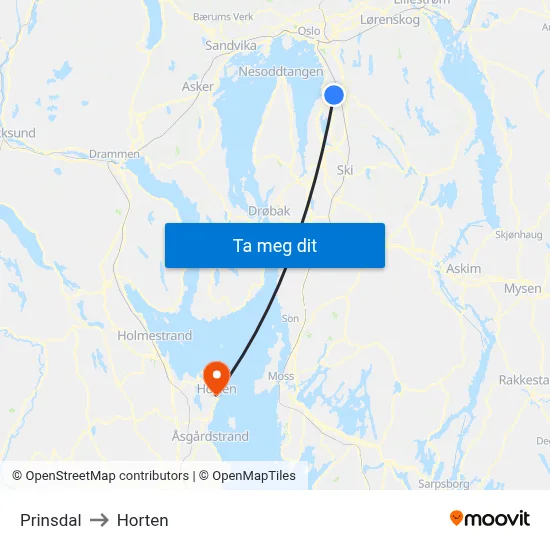 Prinsdal to Horten map
