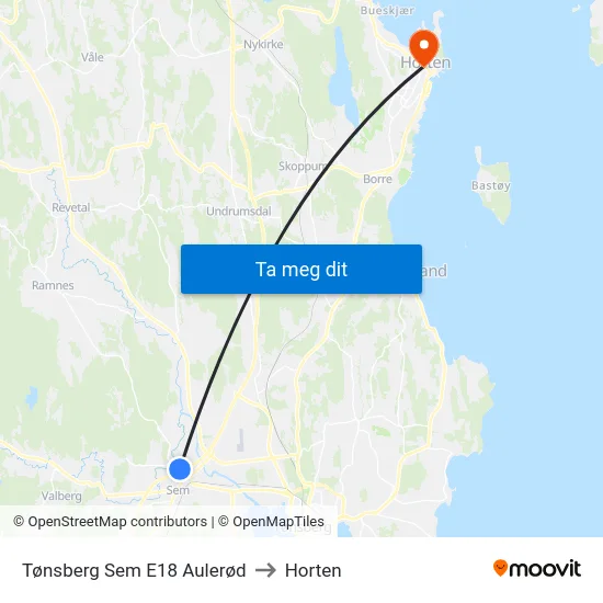 Tønsberg Sem E18 Aulerød to Horten map