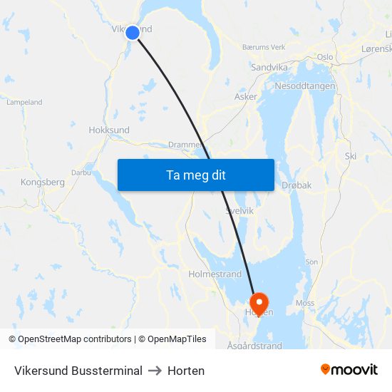 Vikersund Bussterminal to Horten map