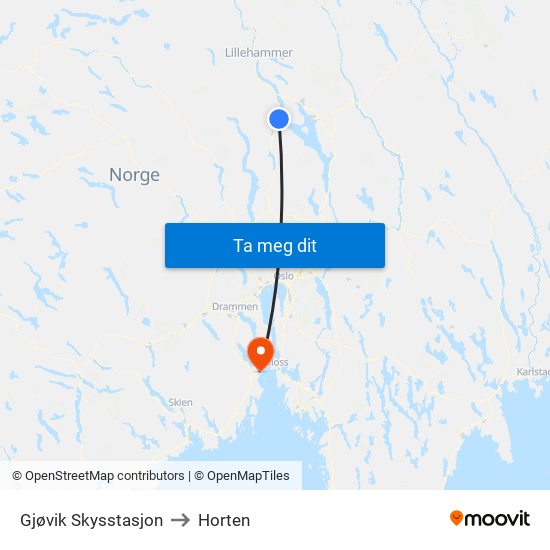 Gjøvik Skysstasjon to Horten map