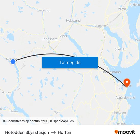 Notodden Skysstasjon to Horten map